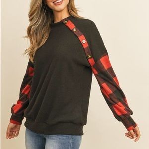 Red Buffalo Plaid Button Accent Top